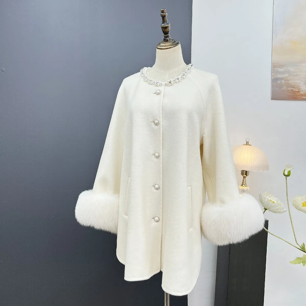 Autumn and Winter New Cashmere Double sided Coat for Women, Medium to Long, Hair, Nail Beads, Gold Money Woolen, Fur