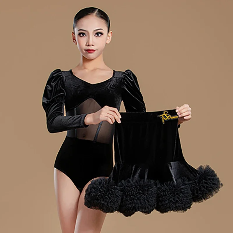 

Black Velvet Kids Girls Regulation Group Performance Costumes Latin Dancewear Training Professional Suits Ballroom Dance Dress