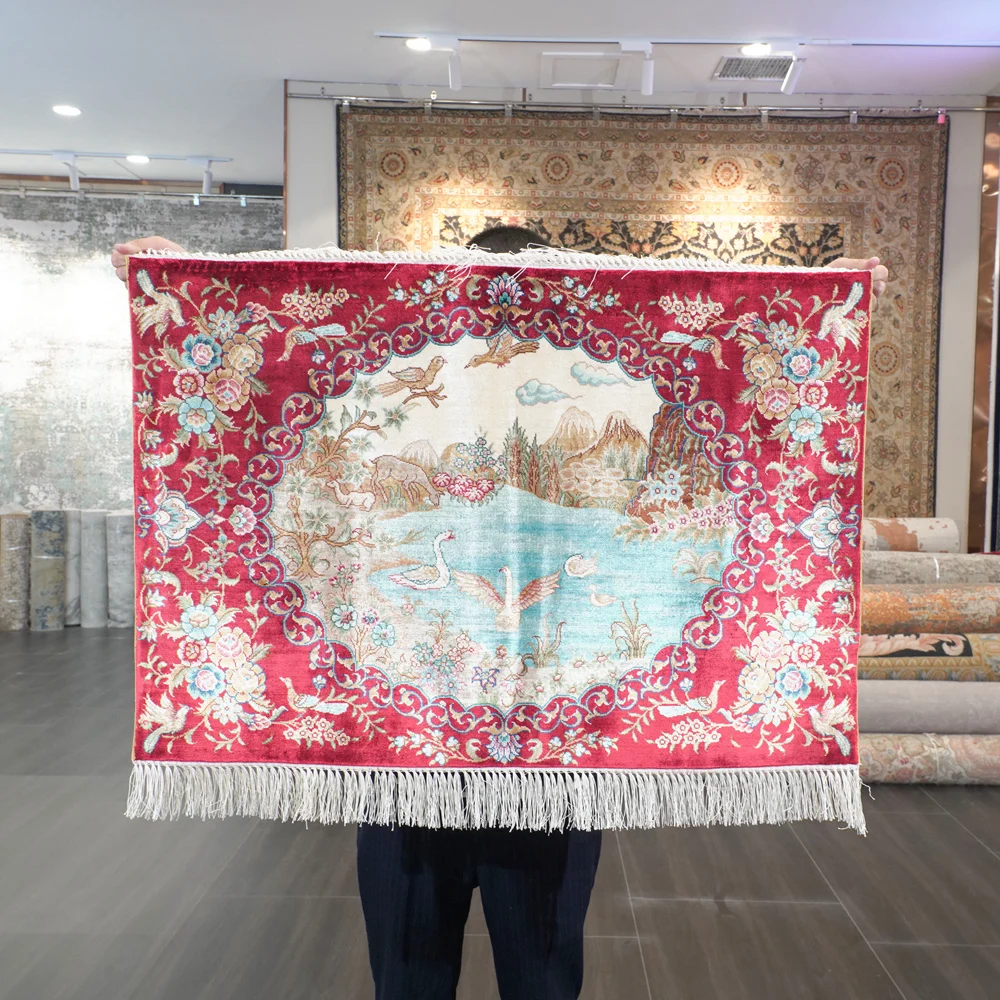 61x91cm Oriental Carpet Handmade Exquisite Hand Knotted Red Silk Tapestry (ZQG520A)