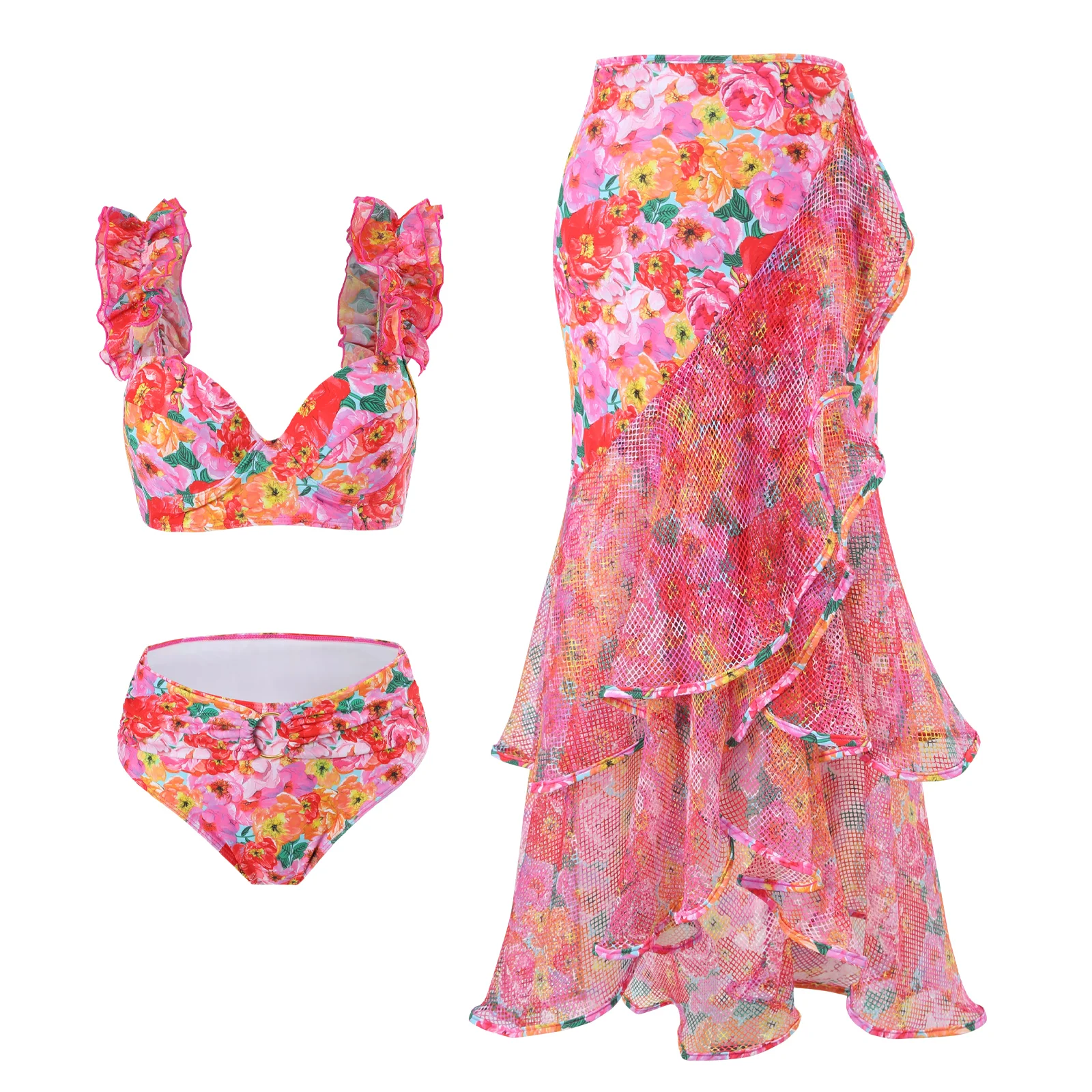 

New red floral print swimsuit 3PCS bikini chiffon lotus skirt set Summer beach outing sexy fashion dress