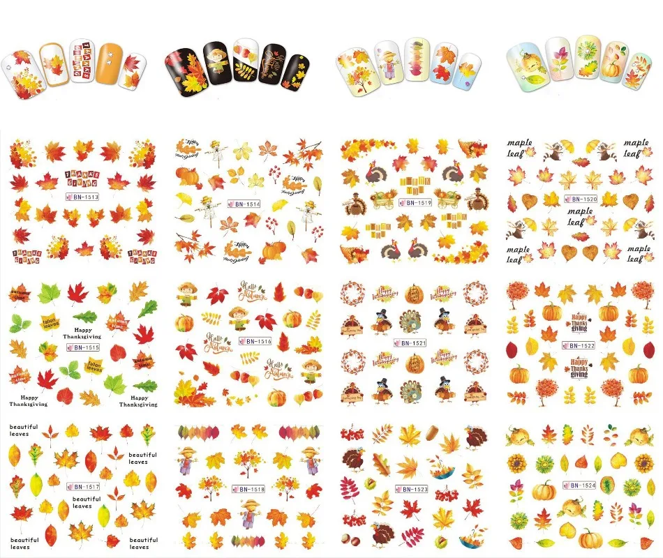 Wholesale Autumn Leaves Thanksgiving Nail Water Transfer Sticker Pumpkin Watermark Nail Decal Collection Fall Theme Nails Supply