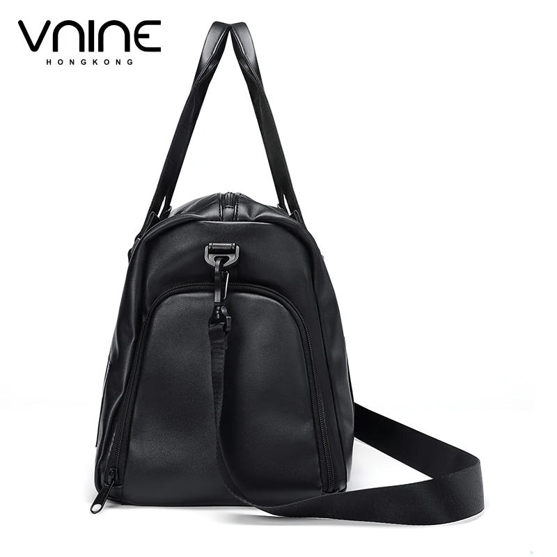 V.NINE Mens Leather Travel Bag Black Traveling Shoulder Bags for Man Luggage Duffle Handbag with Shoe Compartment Waterproof 25l