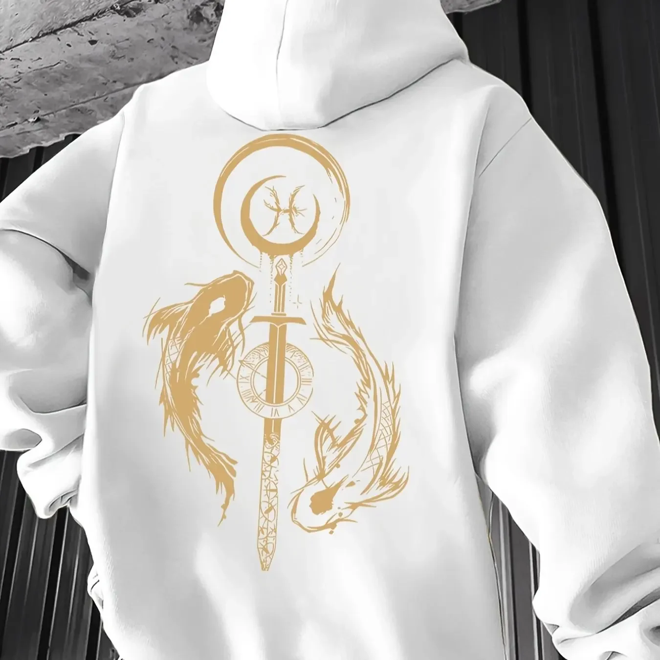 Men's Autumn/Winter Samurai Sword Print Pattern -Lined Hooded Sweatshirt Versatile Sporty Casual Loose Fit Hoodie