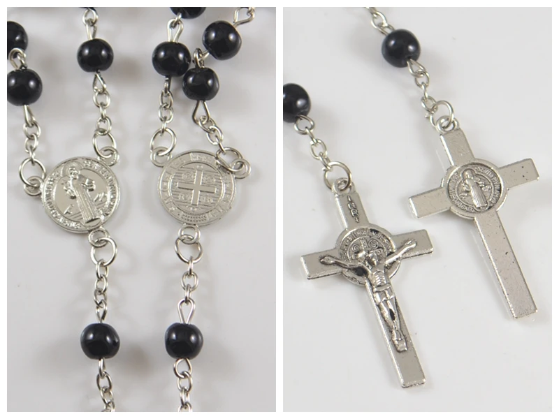 6mm Black Glass Rosary Beads Saint Benedict Medal INRI JESUS Cross Pendant Necklace Catholic Christian Fashion Religious Jewelry