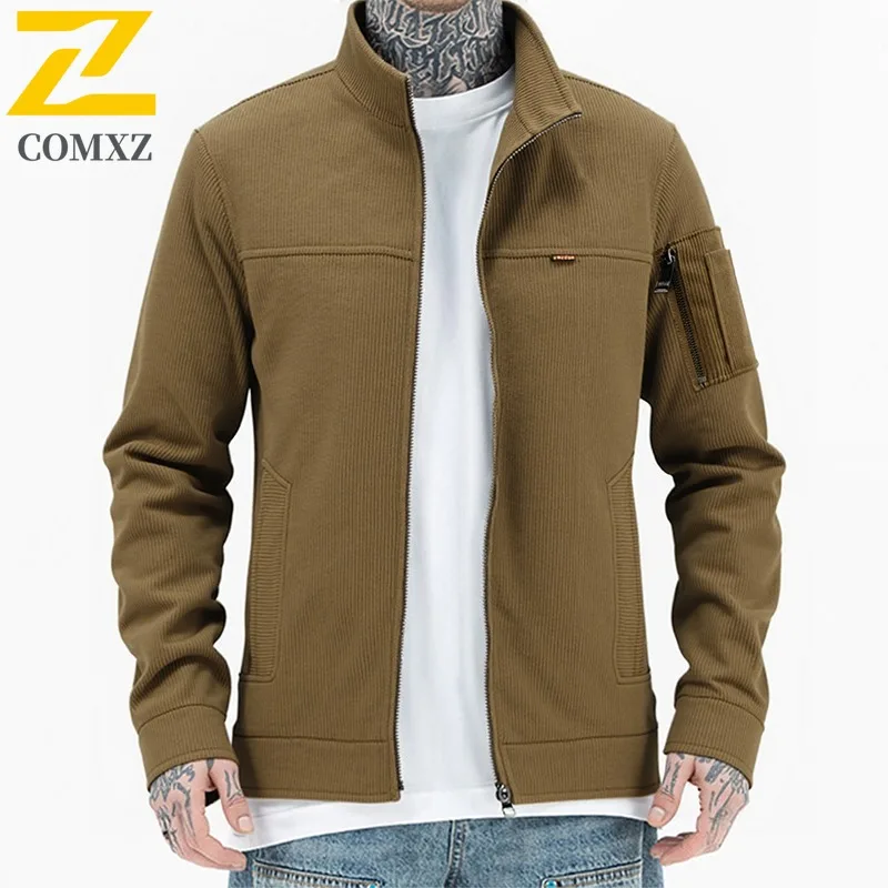 

COMXZ 2025 Мужская вельветовая куртка с воротником-стойкой, повседневное пальто, весна-осень, 3D дизайн, модная верхняя одежда в винтажном стиле