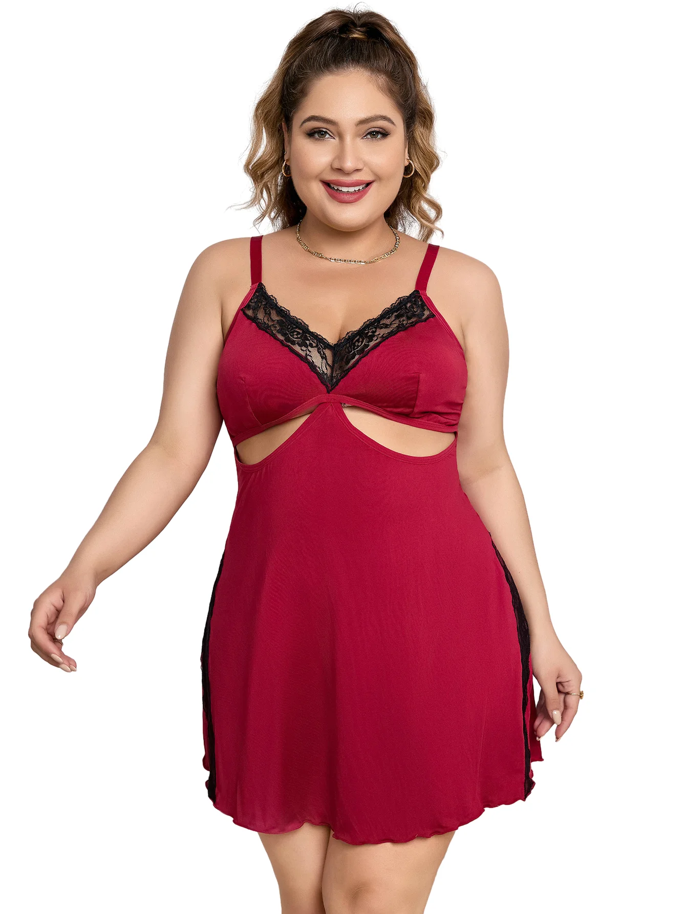 Plus Size Women Cutout Nightgown, Burgundy Spaghetti Strap V Neck Sleep Dress with Black Lace Trim, Romantic Lingerie Chemise