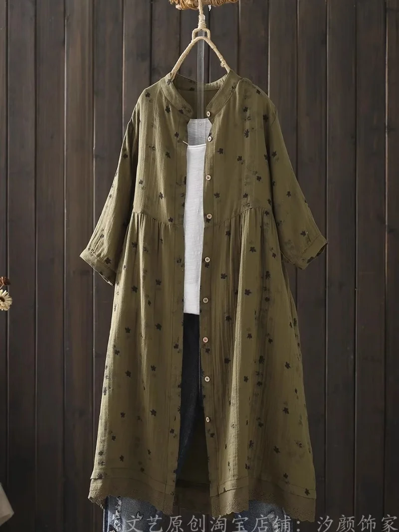 Artistic Retro Floral Print Stand Up Collar 3/4 Sleeves Double-Layer Cotton Yarn Dress Women's Loose Casual Cardigan Shirt W250