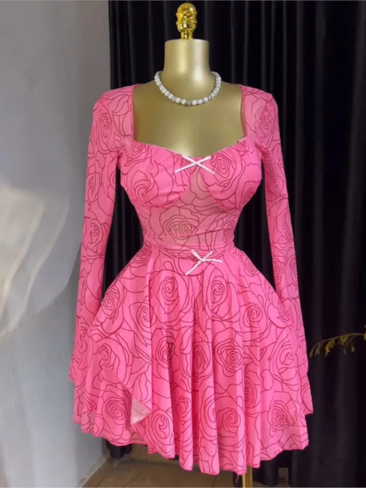 

Sexy V-neck Long-sleeved Dress For Women Fashionable Spring Summer Pink Bow Rose Printing Irregular Waist Dresses For Women