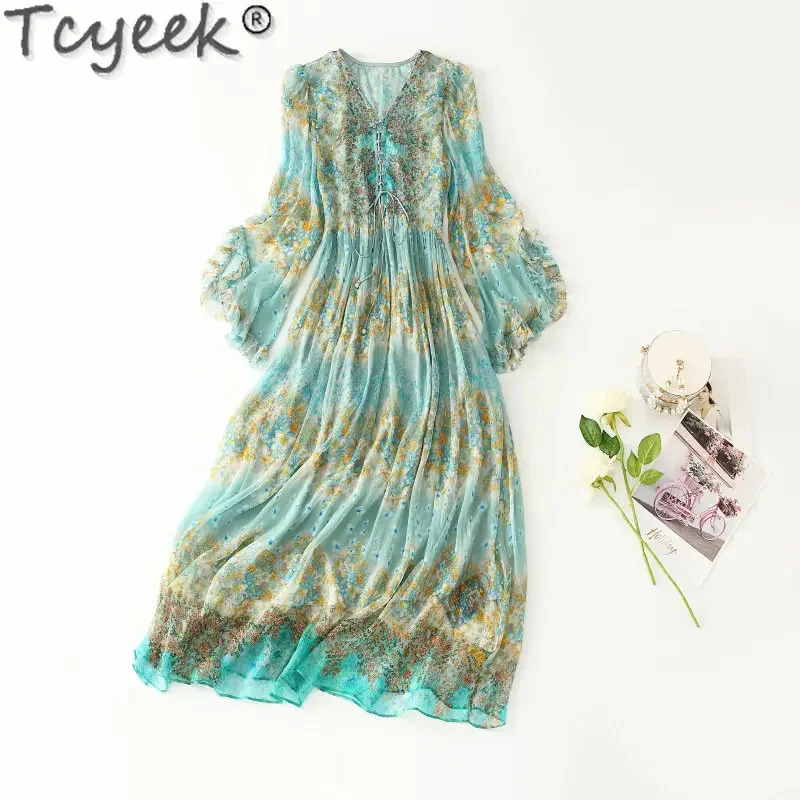 

Tcyeek Spring Summer V-neck Dress 2023 New 100% Mulberry Silk Dresses Women Clothes High-end Elegant Print Dress Vestido Mujer