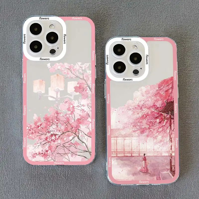 Pink Peach Blossom Clear Phone Case for iphone 15 14 13 12 Pro Max 11 15 14 Plus XR XS X 7 8 Plus SE2 Flowers Transparent Covers