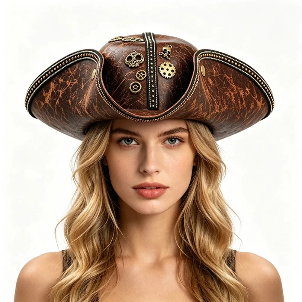 Halloween Pirate Gothic Pu Leather Triangular Hat Retro Cosplay Captain Punk Gear Hat Cosplay Props