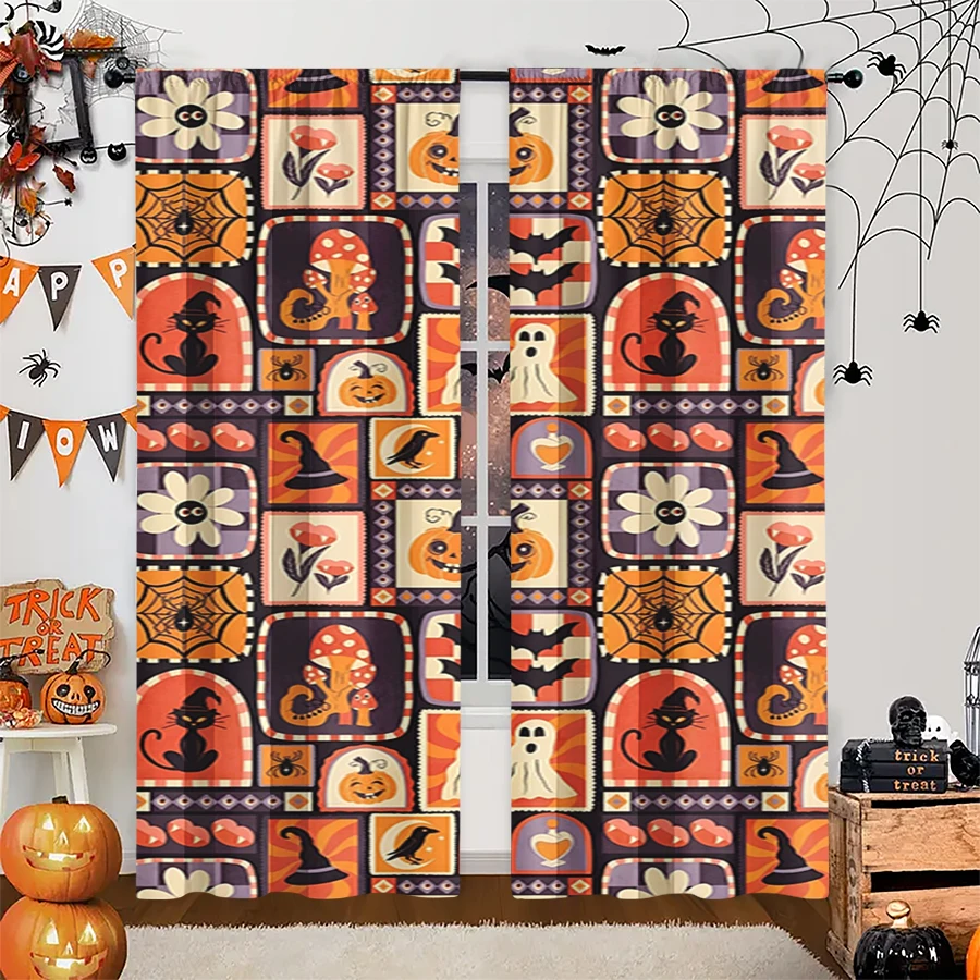 2PCS Digital Print Curtain, Retro Postage Stamp Black Cat Mushroom Ghost, Halloween Vintage Purple for Living Room Decor