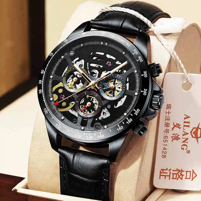 

AILANG Fashion Skeleton Men Mechanical Watch Luxury Brand Outdoor Sports Clock Luminous Waterproof Leather Strap Reloj Hombre