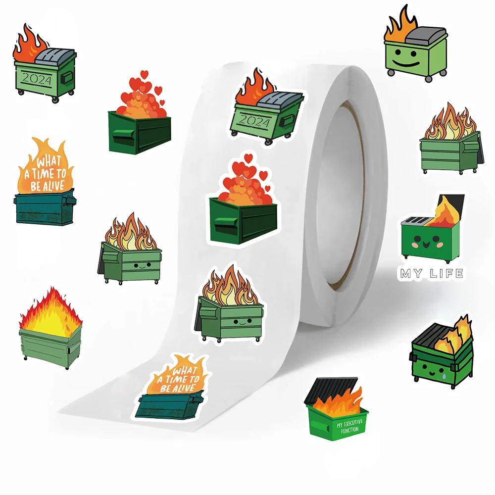 500pcs Dumpster Fire Roll Stickers Perfect Holiday Decals Rolls Self Adhesive Seals For Skateboard Guitar Water Cup Luggage