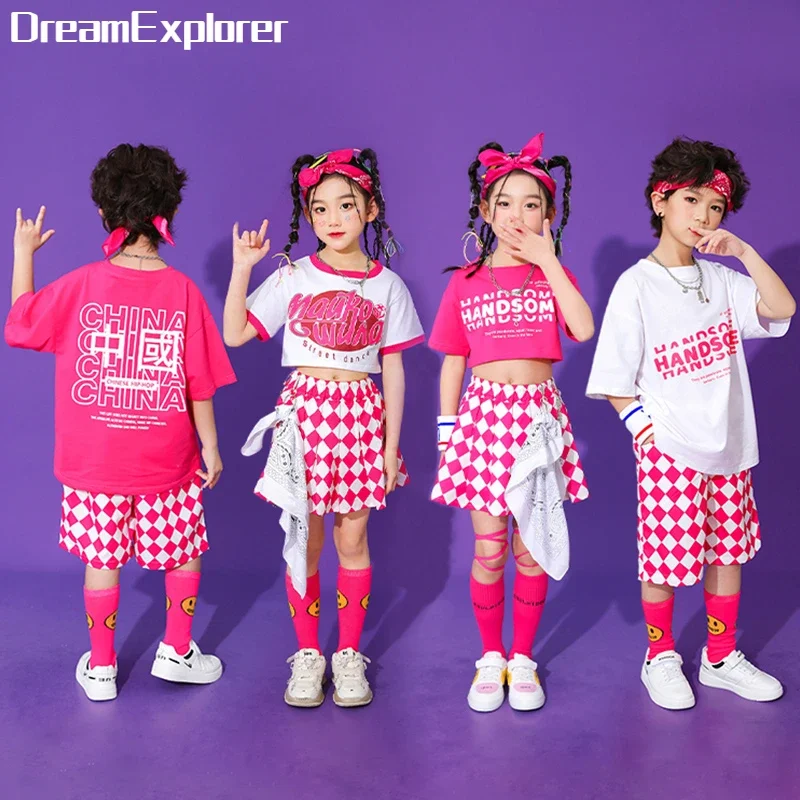 Girls Hip Hop Pink Crop Top Rose Plaid Skirts Boys T-shirt Street Dance Shorts Child Sweet Summer Clothes Sets Kids Jazz Costume