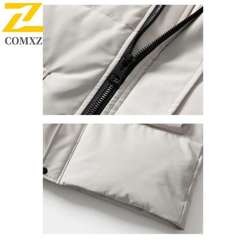 COMXZ زوجين سترة منفوخة 2025 جديد كلاسيكي مقنع طويل سميكة سترة دافئة استكشاف في الهواء الطلق يندبروف معطف خفيف الوزن