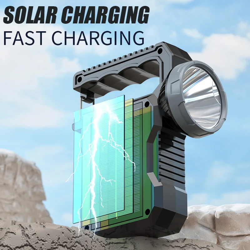 Solar Portable Powerful Rechargeable Flashlight Searchlight With COB Work Light Lantern Outdoor Camping Lamp Built-in Battery