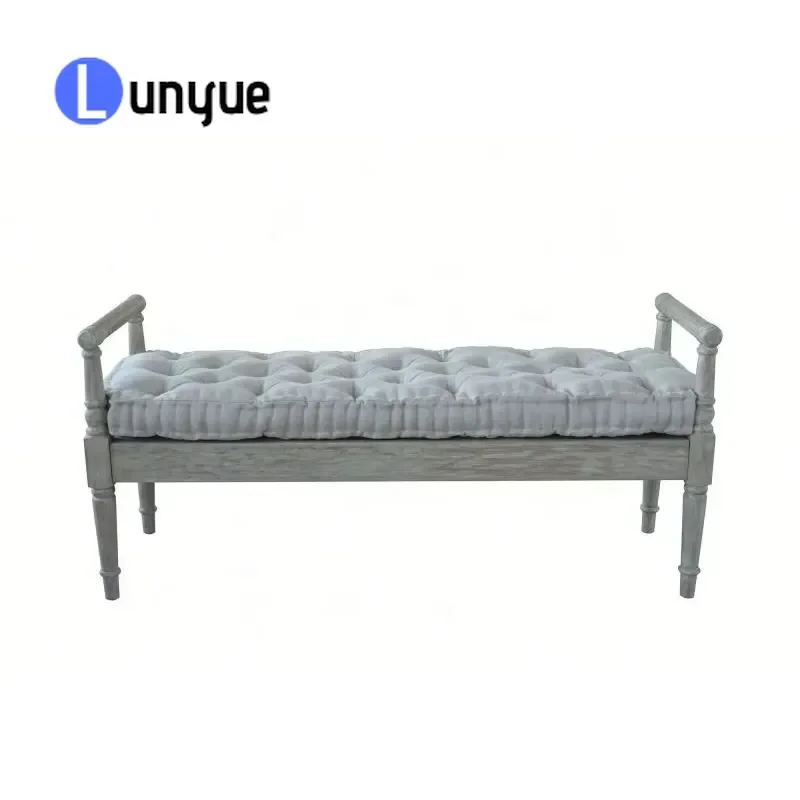 French Antique Carved Solid Wood Bench Linen Fabric Tufted Upholstered Armrest Ottoman Stool for Bedroom Bedside Living Room