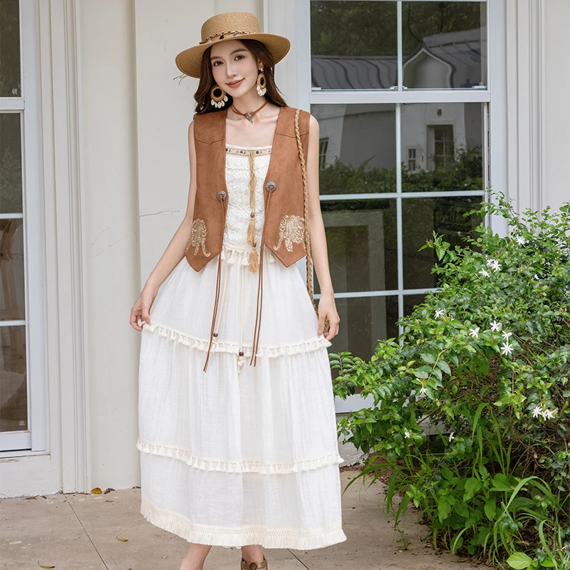 Ethnic Sle Embroidered Elephant Vest Jaet assland Photoaphy White f Skirt Matching Polyester Fiber Summer New Arrival