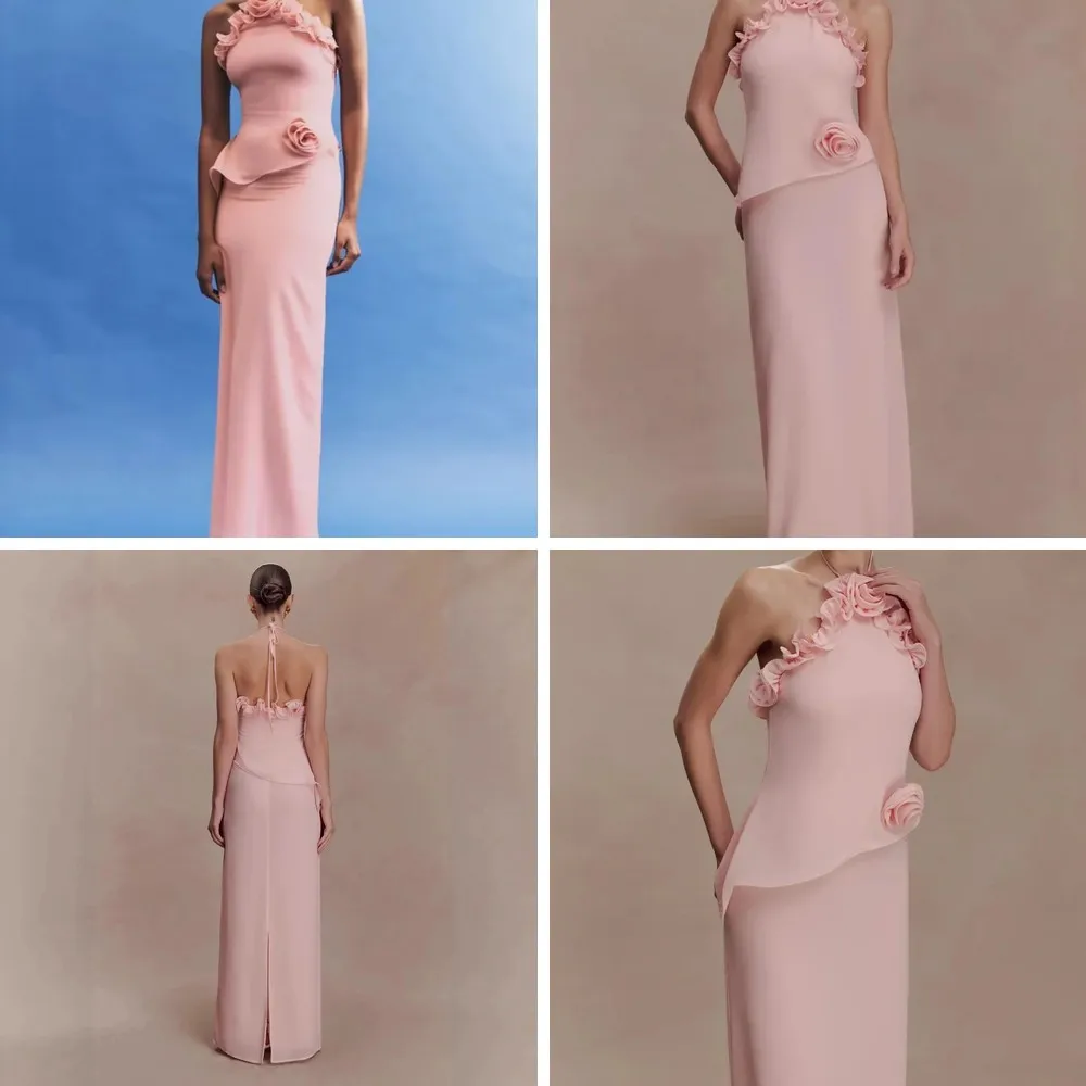 

Sweet Pink 3D Flower Halter Lace Dress Women Sexy Backless Long Evening Gown