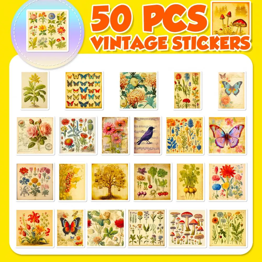 50Pcs Sunflower Mushroom Decals Waterproof Vinyl Yellowed Art Stickers DIY Decorative Stickers for Phone Case Scrapbook Suitcase