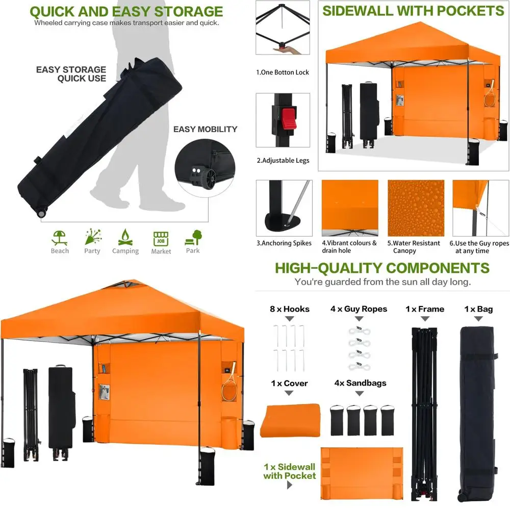 

Quick Setup 10x10 Canopy with Sidewall, 6 Pockets, Vented Roof, Outdoor Shelter, Carry Case, 8 Stakes, 4 Ropes, 4 Sandbags - Ora