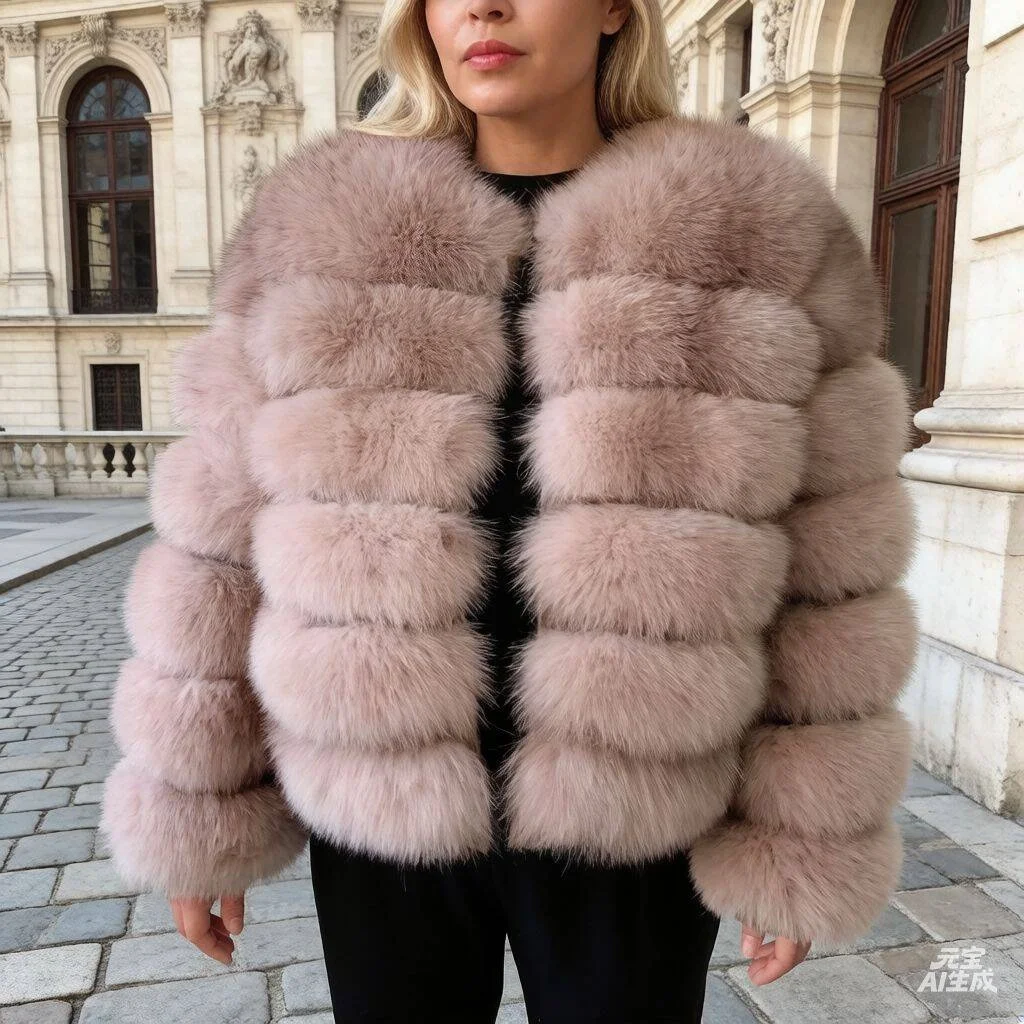 

Woman luxury fox fur real coat fashion trend winter woman real fur coat Khaki and black