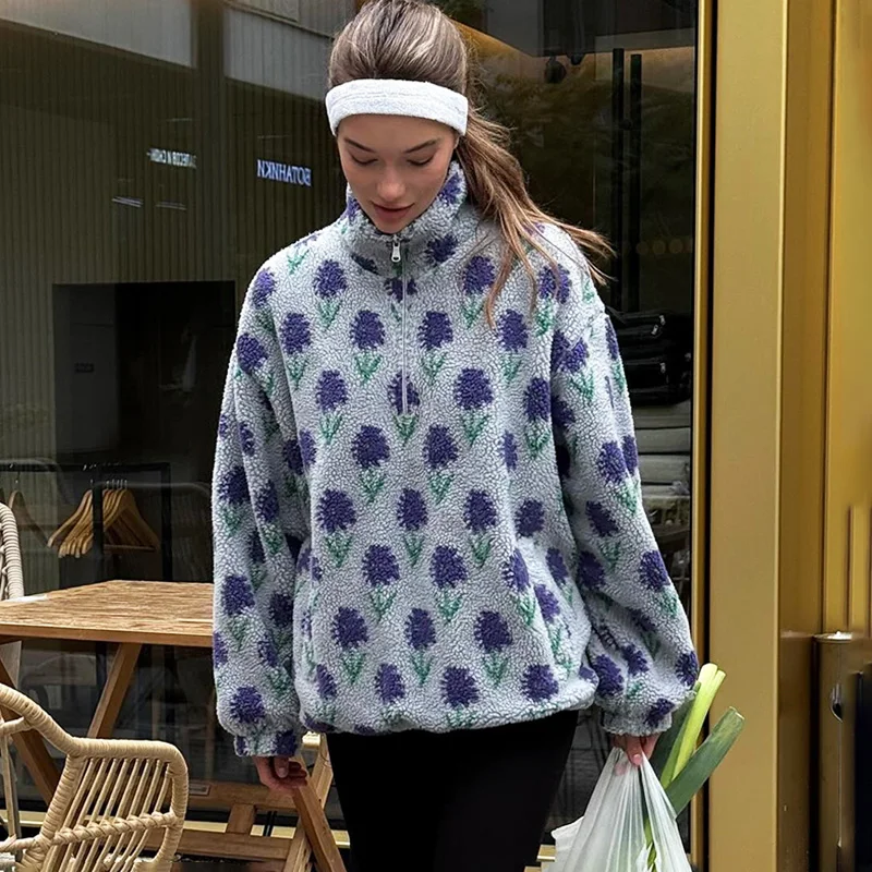 Ticketsx المرأة المطبوعة فرو الضأن هوديس خمر أزياء الأزهار التباين فضفاض البلوز خريف شتاء عارضة الشارع مكتب هوديس #1