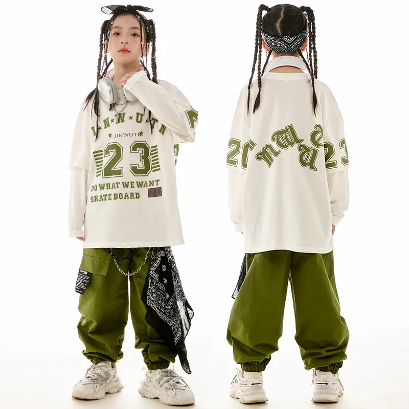 

Hip Hop Dance Clothes For Girls Jazz Practice Wear White Long Sleeves Tops Green Pants Boys Teenagers Casual Clothing BL11644