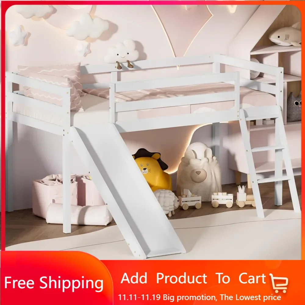 Low Loft Bed with Slide, Wood Twin Loft Bed Frame with Climbing Ladder & Storage Space for Kids Toddler (White)