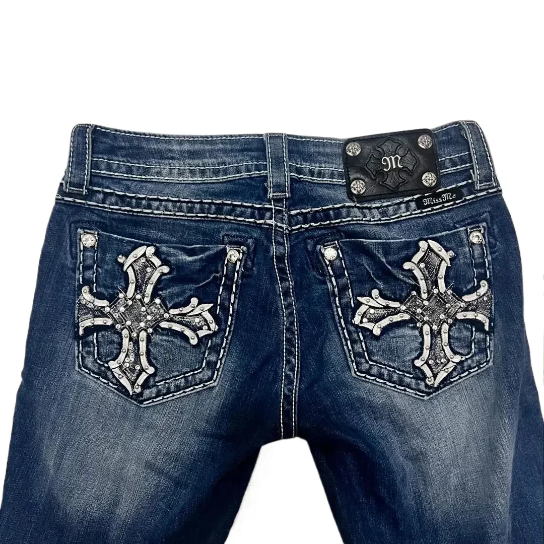 Harajuku Retro High Quality Boot Cut Jeans Women Y2K New Gothic Blue Denim Embroidery Hip Hop Cross Pocket Wide Pants Streetwear