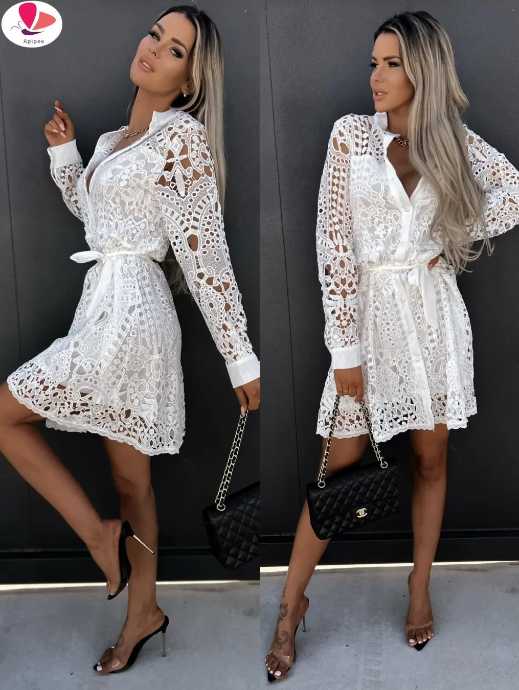 

Spring Summer Fashion Commute Turn-down Collar Lace Mini Dress Casual Solid Color Hollow Out Laced Buttons Cardigan Ladies Dress