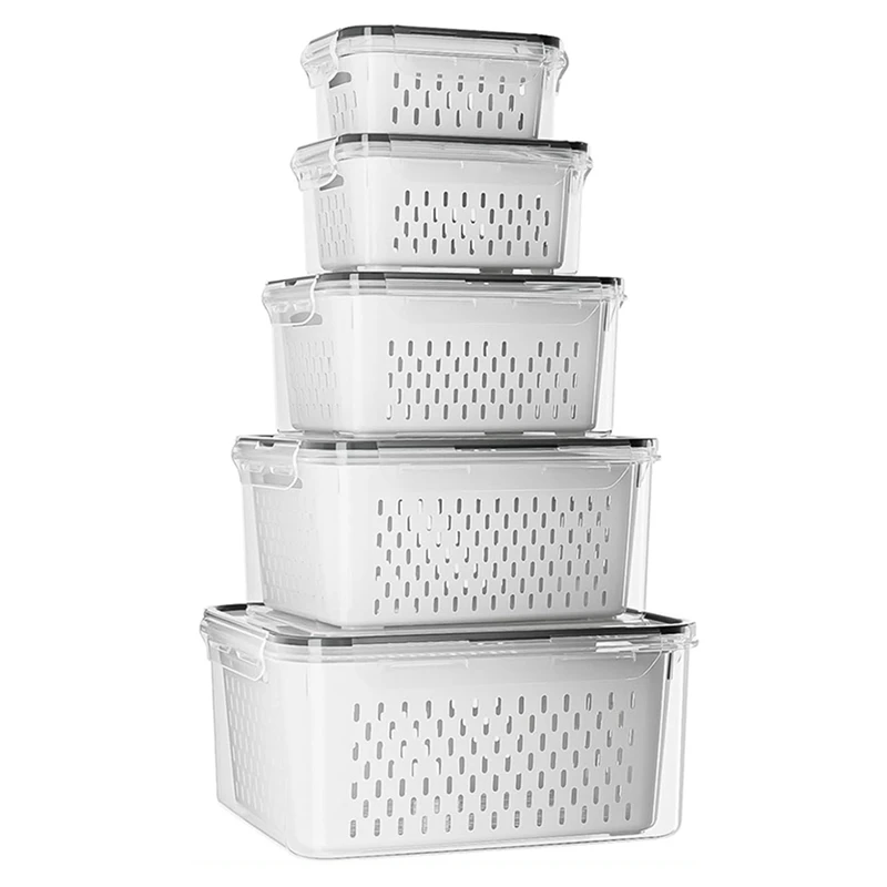 5 Pack Fruit Storage Containers For Fridge With Removable Colanders - Food Storage Containers With Lids Durable Easy Install