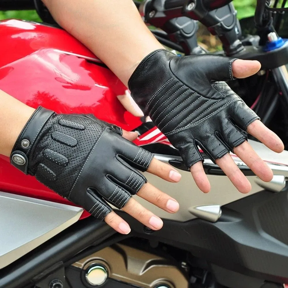 本物の羊革製メンズヴィンテージグローブ、柔らかい素材、軽量デザイン、ハーフフィンガーグローブ、耐久性のあるステッチ