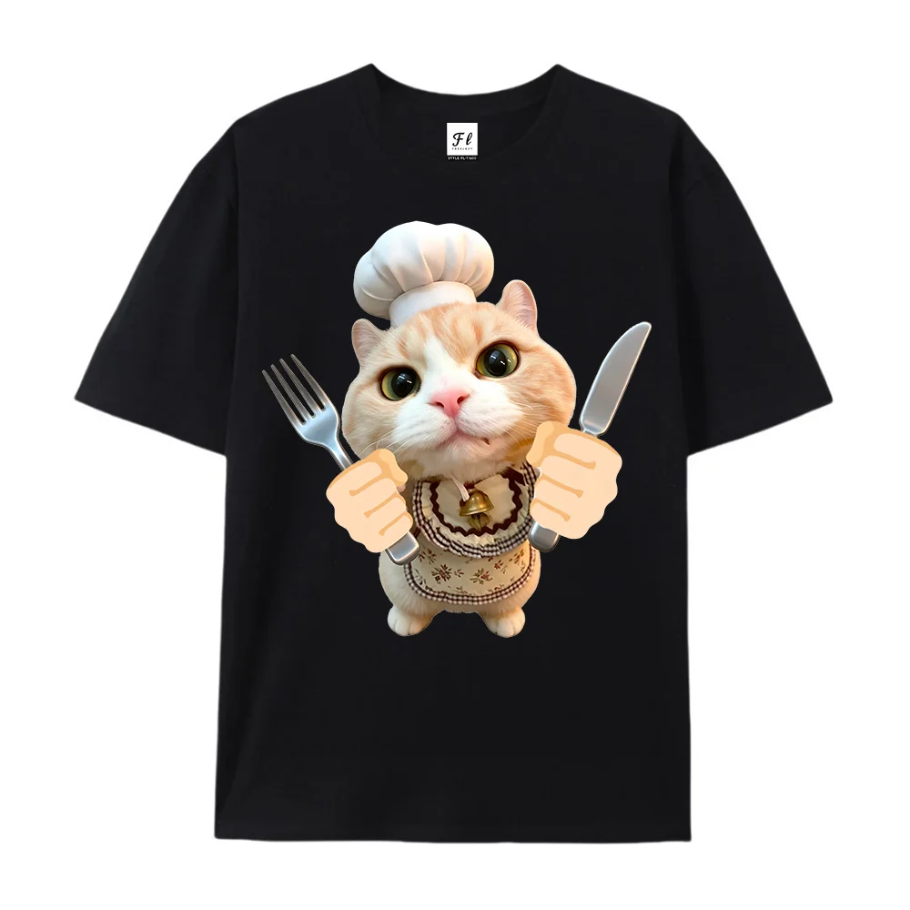 Cute Chef Cat Graphic Shirt Funny Kitten With Chef Hat Funny Fashion Print Trendy Cotton Casual Short Sleeve Tee for Cat Lovers
