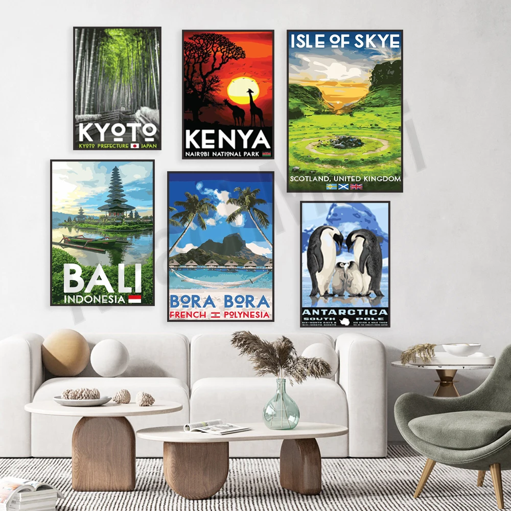 Antarctica, Tower Bridge, Mont Saint Michel, Bora Bora, Cinque Terre, Greek Islands, Peru, Bali, Isle of Skye travel posters