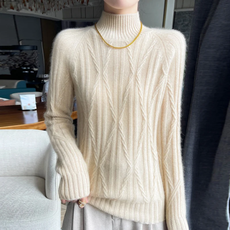 Hot selling Women Knitwear 100% Pure Wool Pullover Fashion Sweater Half Height collar Cross pattern style Thick Warm Basics Tops