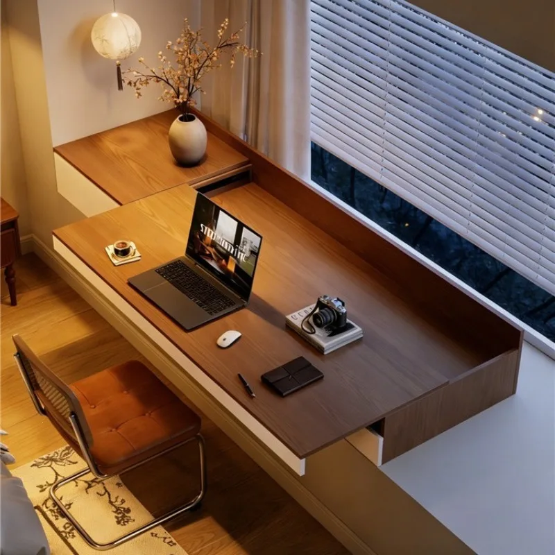 Solid wood retractable bay window cabinet, desk bookcase integrated table storage locker, window sill transformation study table