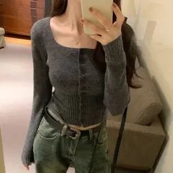 Korean Version Pure Desire Square Neck Long Sleeved Knitted Cardigan Women's New Style Waist Cinching Slimming Short Top