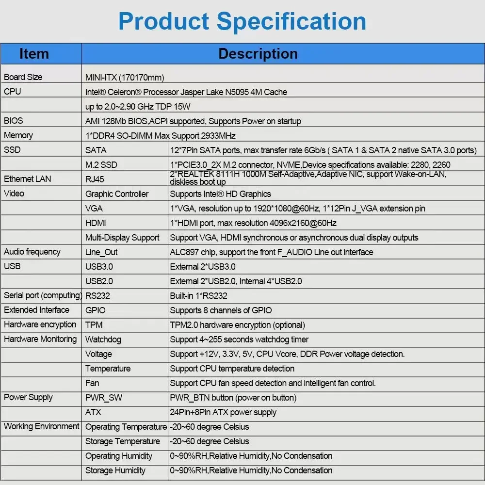 N5095 Nas 마더보드 12*7PIN SATA 1*DDR4 ~ 16GB 1000M LAN 1*M2_SSD NVME PCIE3.0 VGA HD 4K@60HZ