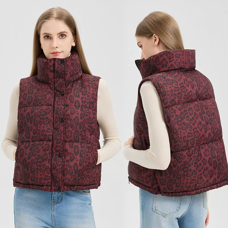 European American Style Leopard Print Vest Cotton Padded Jackets Autumn Winter Women's Sleeveless Stand Collar Down Waistcoat
