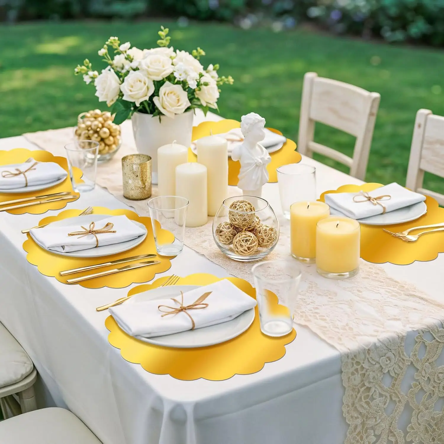 

Круглый бумажный коврик с золотыми волнистыми краями, одноразовый коврик для стола, подходит для свадьбы, вечеринки, банкета, рождественского украшения стола