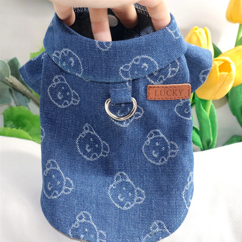 Fashion Dog Clothes Winter Dog Jacket Coat Denim Puppy T-Shirt with D-Ring Cute Print Cat Overcoat Pet Shirts Chihuahua Costumes