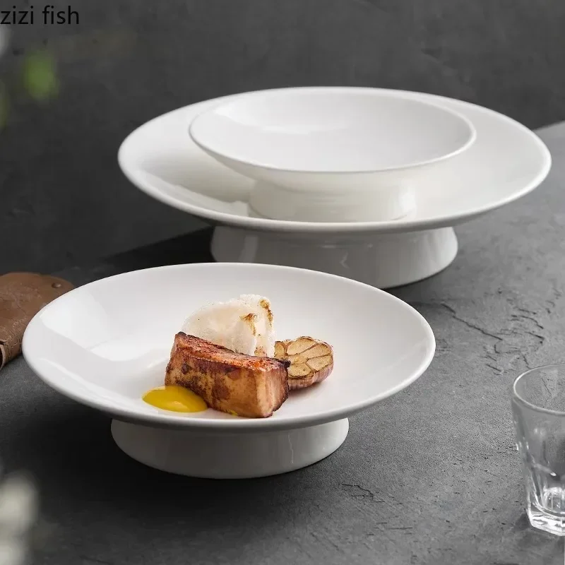 Plate Dessert and Snack Pasta Artistic Plates Conception Tableware White Footed High Ceramic Plate Restaurant Cake