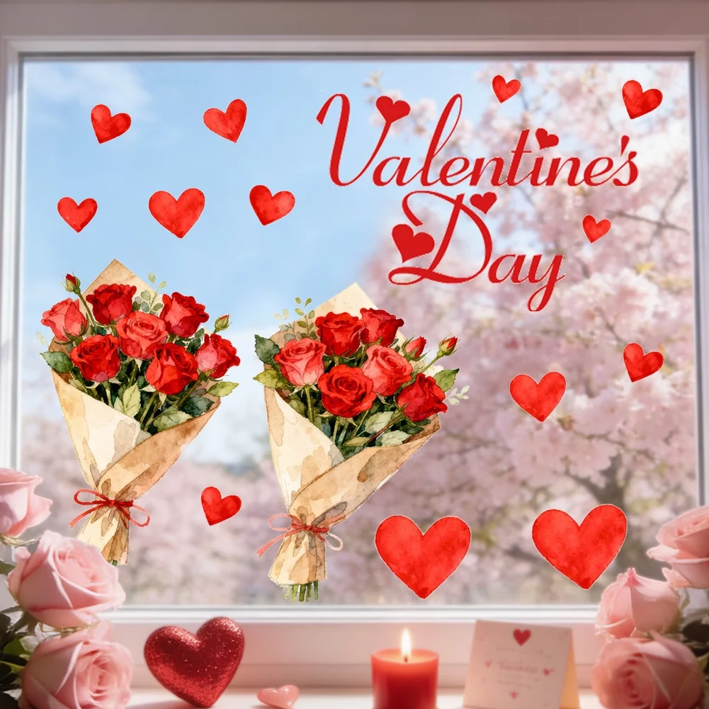 Valentine\'s Day Decor Heart Window Cling Static Cling Technology Adhesive-free Application Residue-free Removal