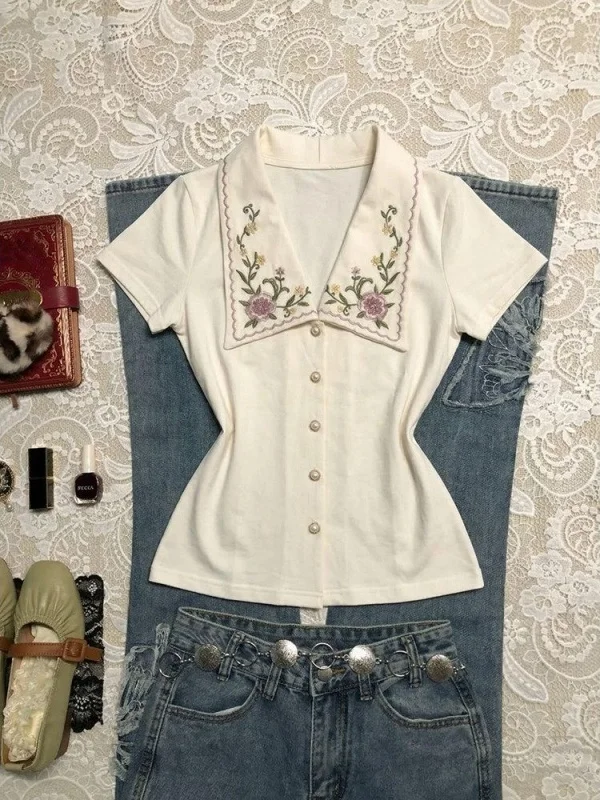 Summer 2026 Women's Slim Fit Short Sleeve Embroidered Shirt Single Button Stand Collar Sweet Gentle Style Casual Korean Fashion