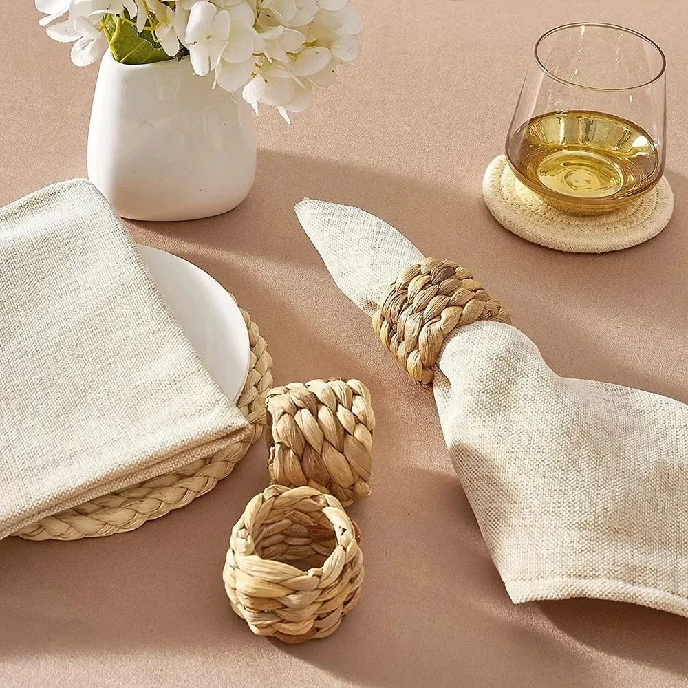 6/96Pcs Woven Handmade Napkin Ring Woven Rustic Natural Napkin Ring Holder Table Decor Wooden Easter Rattan Napkin Rings Buckle