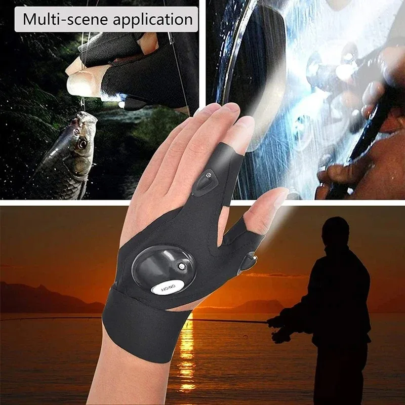 Gants sans doigts avec sangle magique, lampe de poche LED, gants d'éclairage imperméables, lampe isotLamp, cyclisme, camping, randonnée, sauvetage