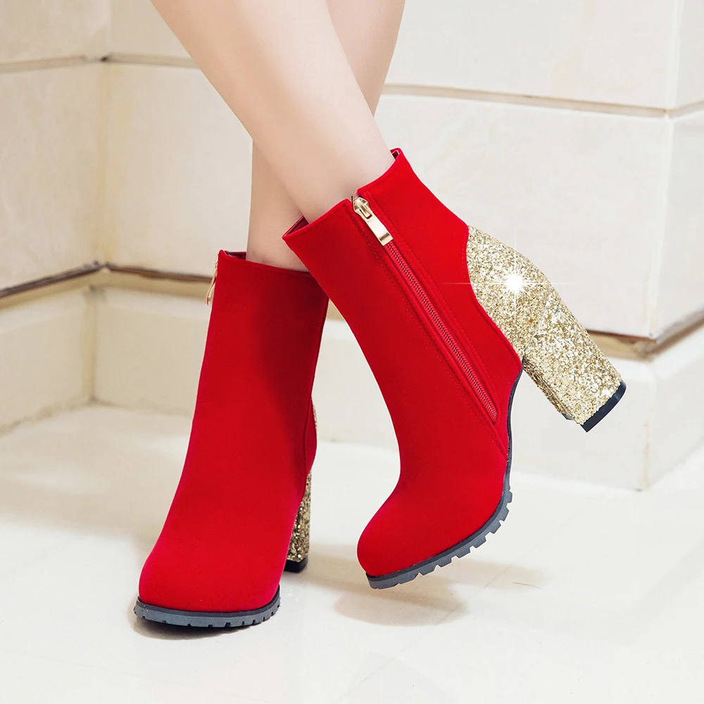 2024 Plus Size Sequin Cloth Heel Stitching PU Or Floor Material Popular Minimalist Short Boots Super Thick Heel Side Zipper Boot