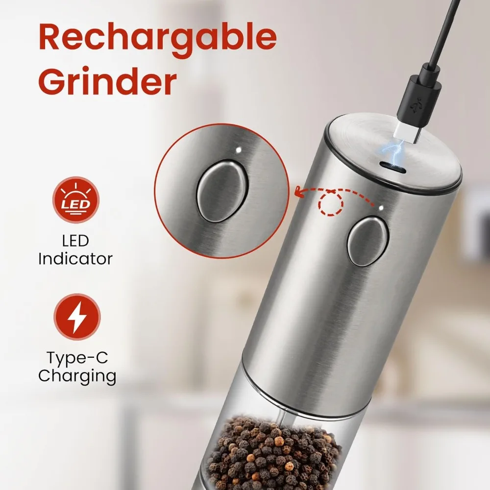 Electric Salt and Pepper Grinder Set, with Ceramic Grinder, 6 Adjustable Coarseness, LED Light & Stainless Steel. 2 Packs